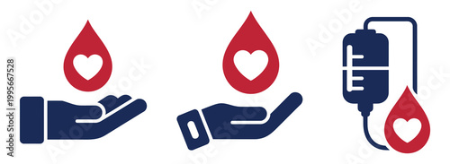 Blood donation and transfusion medical icons set featuring drops, hands, hearts, IV bags and plus signs, representing healthcare charity lifesaving efforts and hospital emergency medical services 