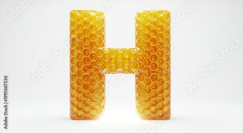 A large letter h made of honeycomb on a white background, symbolizing the letter h in a creative and edible form