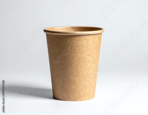 Minimal brown paper coffee cup stands upright, eco-friendly, plain background, modern, perfect for branding, takeaway drinks, sustainable lifestyle, zero waste concept.