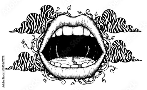 Open mouth with road inside and vines in surreal engraving style