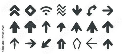 Variety of dark gray arrow icons and symbols for direction and movement, vector graphic
