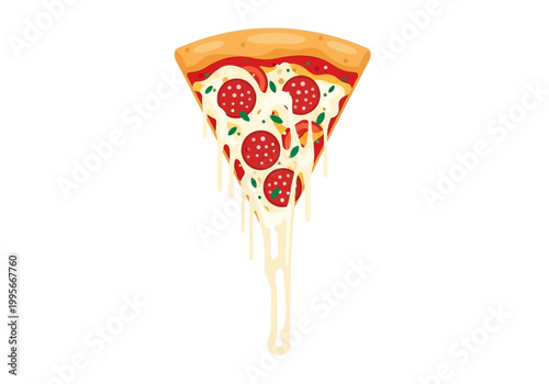 Delicious vector illustration of a slice of pepperoni pizza dripping with melted cheese, isolated on white
