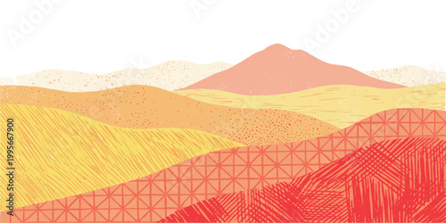 Pixel art style desert landscape with sand dunes and mountains in warm colors