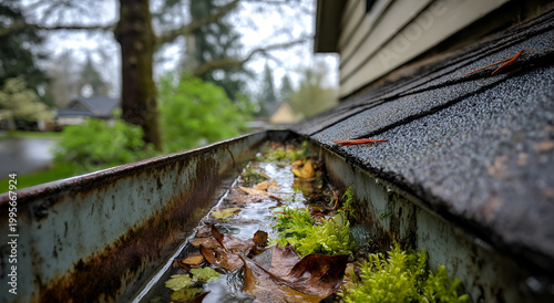 Dirty Gutter Full of Leaves and Moss on a Rainy Day.