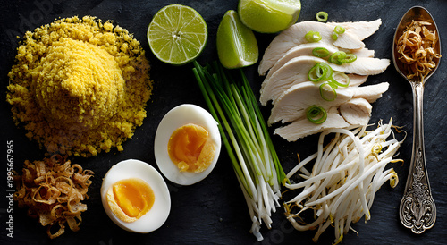 Overhead view of ingredients for Khao Soi, a traditional Thai curry noodle soup.