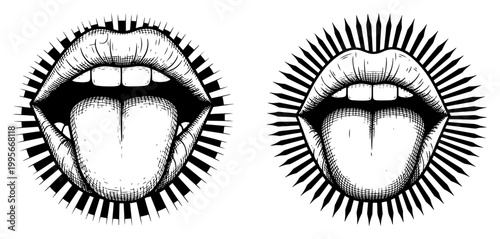 Open mouths with sticking out tongues surrounded by radiant rays in detailed engraving style