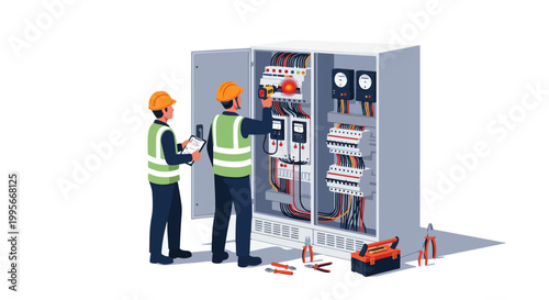 Electrical Technician Repairing Control Panel Isometric Illustration with Termo Gun Thermal Scan Test