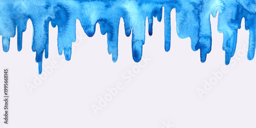 Abstract Blue Watercolor Dripping Paint Background Vector Illustration. Hand painted ink splashes and water drops on white backdrop. Perfect for winter banners, frosty designs and banners