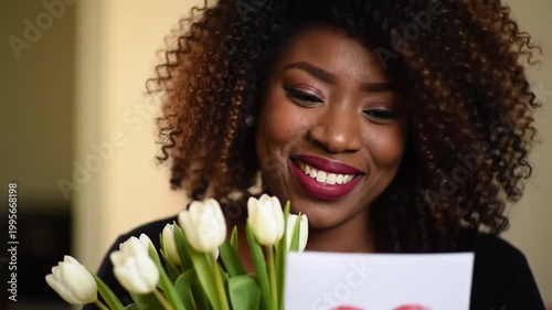 Smiling Black woman holding white tulips and heart card