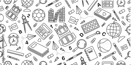 School supplies seamless pattern. School attributes seamless pattern. Student accessories repeat background. Back to school banner. Education doodle pattern background.