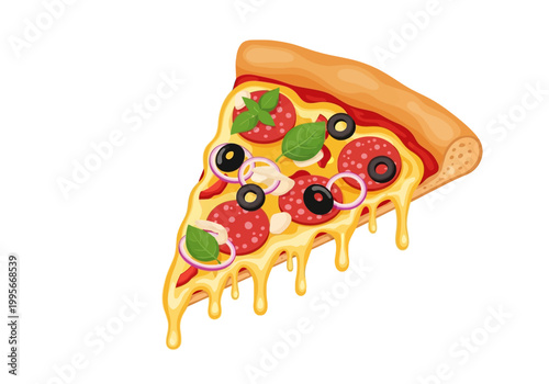 Delicious vector illustration of a cheesy, dripping slice of pizza with pepperoni and olives, perfect for food content