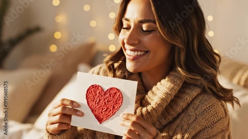Smiling woman holding a handmade red heart card at home