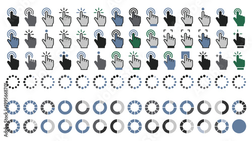 Collection of various hand cursor click icons and web loading progress bar.