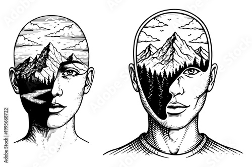 Human heads containing mountain landscape and forest silhouettes in surreal engraving style