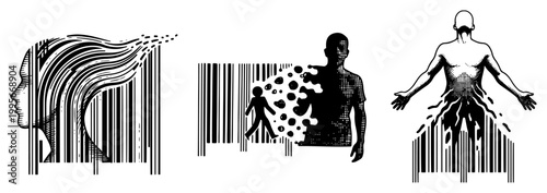 Human figures merging and dissolving into barcodes representing digital identity in engraving style