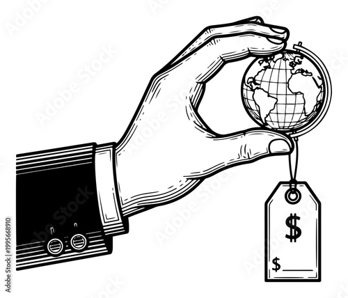Hand in suit holding globe with price tag symbolizing global economy in vintage woodcut style