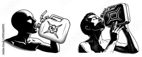 Man drinking toxic liquid from fuel canister with skull symbol in surreal woodcut style