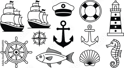 Nautical Icons Collection Isolated on Transparent Background