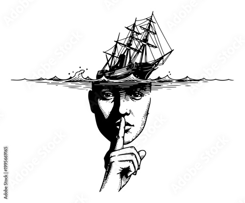 Surreal sailing ship on ocean waves with submerged face making silence gesture in woodcut style