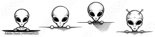Grey alien heads peeking over borders in detailed ink drawing style