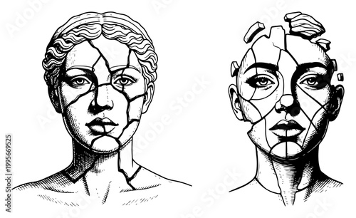 Female portrait busts with cracked and shattering stone textures in detailed engraving style