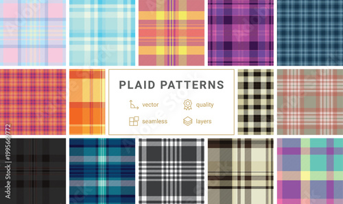 Decorative plaid pattern bundle for autumn gift wrap. Coordinated tartan designs enhance presentation. Seamless vectors align edges.