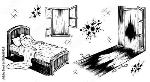 Ghostly figure lying in bed within haunted room in surreal engraving style
