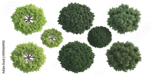 Set of green and dark trees viewed from above for architectural landscape design plans