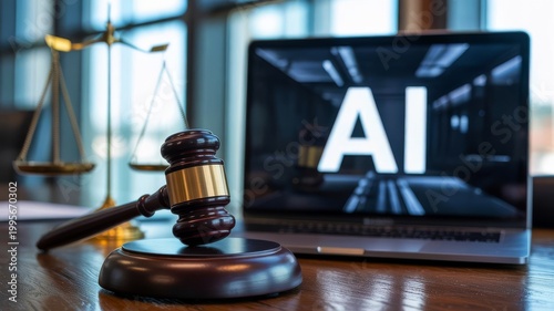 A gavel rests on a desk beside a laptop displaying 