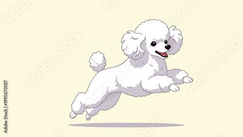 Happy white Poodle dog is depicted in a mid air jump showing its fluffy coat and joyful expression against a cream background.