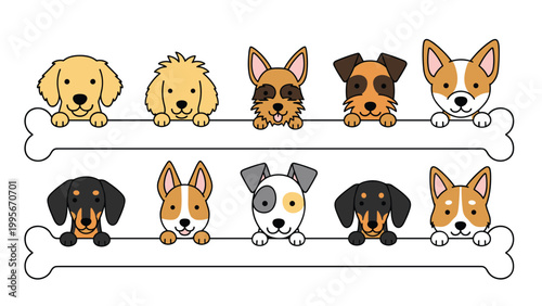 Creative illustration of ten diverse dog heads peering over two long white bones arranged in a stacked horizontal layout for a dog treat ad.