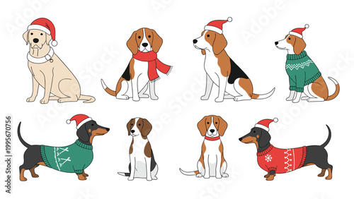 Group of different dog breeds wearing festive christmas attire like santa hats, red scarves, and green winter sweaters for holidays.