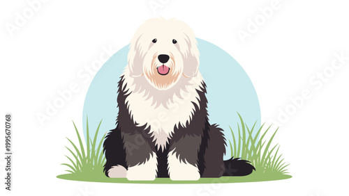 Illustration of a fluffy black and white old english sheepdog sitting calmly in a patch of green grass under a clear blue circle.