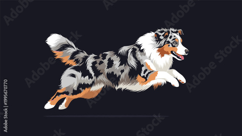Energetic australian shepherd dog with a merle coat jumping through the air against a solid dark background in this artistic rendering.
