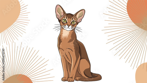 Elegant abyssinian cat sitting gracefully surrounded by artistic sunburst patterns in warm earthy tones on a white backdrop.