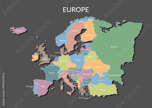 Political map of Europe.  European countries borders in a flat style isolated on black background. Vector template.