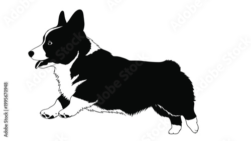 Black and white silhouette of a corgi dog in mid-run with its tongue out and ears perked up against a white background.