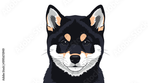 Close up portrait of a black and tan shiba inu dog looking forward with a friendly expression on its face against white.