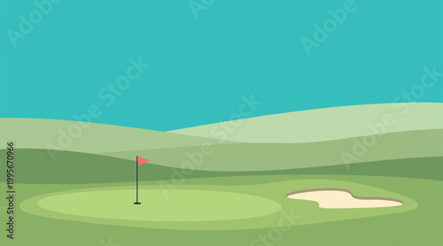 Serene cartoon golf course landscape with a vibrant green, red flagstick, and sandy bunker under a bright blue sky, perfect for sports, outdoor activities, and leisure designs
