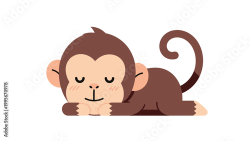 Cute cartoon monkey sleeping peacefully on its stomach with its eyes closed and a long curled tail on a white background.