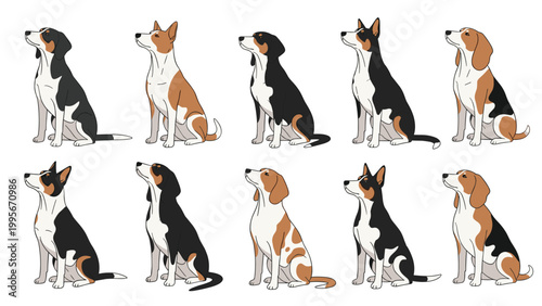 Set of various dog illustrations including beagles and basenjis shown in profile sitting and looking up on white background.