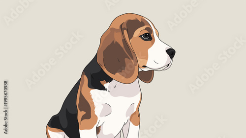 Detailed illustration of a beagle dog sitting and looking to the side with its characteristic long ears and tricolor coat.