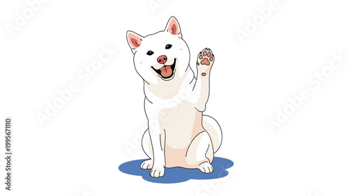 Happy white shiba inu dog illustration sitting and raising one paw in a friendly greeting pose on a white background.