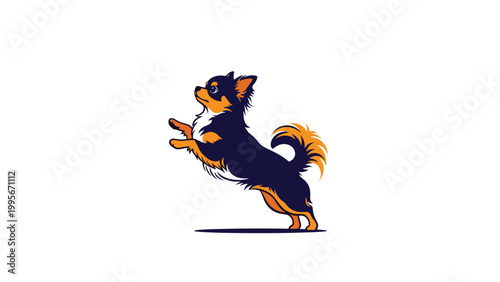 Side view illustration of a black and tan long haired chihuahua jumping up or standing on its hind legs on white.