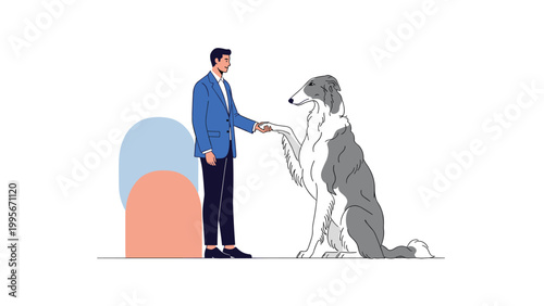 Illustration of a tall man in a blue suit shaking hands with a large grey and white borzoi dog on a white background.