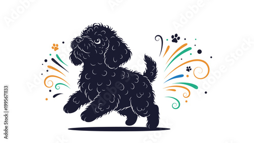 Stylized black poodle puppy illustration running through colorful abstract patterns and paw prints on a white background.
