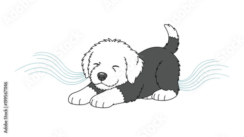 Adorable Old English Sheepdog puppy performs a playful stretch with motion lines indicating air flow in a simple cartoon style.