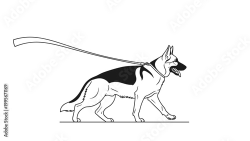 German Shepherd dog line art drawing shows the animal walking calmly on a leash with its tongue out in a profile view illustration.