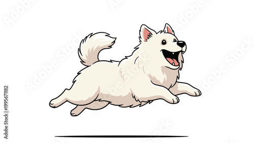 Fluffy white Japanese Spitz or Samoyed puppy runs and jumps with joy showing a happy open mouthed expression on a white background.
