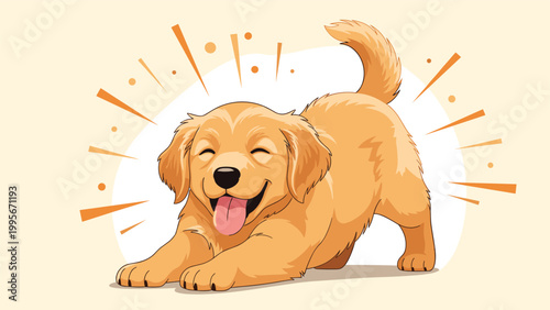 Golden Retriever puppy performs a playful play bow stretch with its tongue out and happy expression surrounded by burst lines.